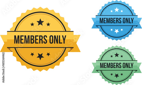 Exclusive members only badges with stars and ribbons on white background