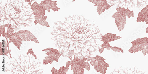 Red floral pattern with dots. Stylized black ink drawing with paper grain, halftone detail, photocopy threshold finish.