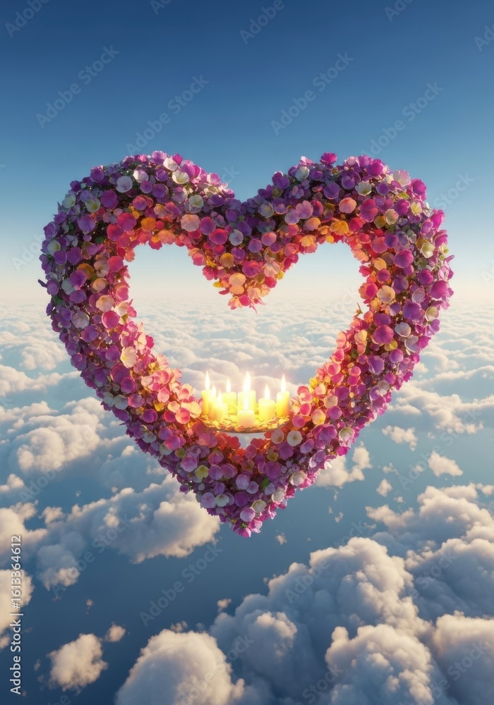 Naklejka premium A large heart shape formed from vibrant pink and purple flowers floats in a clear blue sky above soft clouds, with candles glowing warmly within