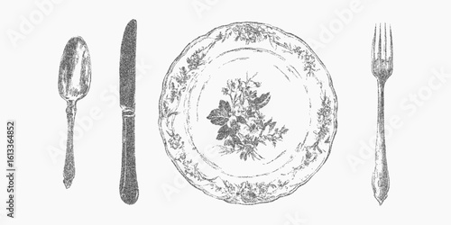 Plate with a fork, knife and spoon. Noisy dotted shading with photocopy style grain and simple contrast threshold filter.