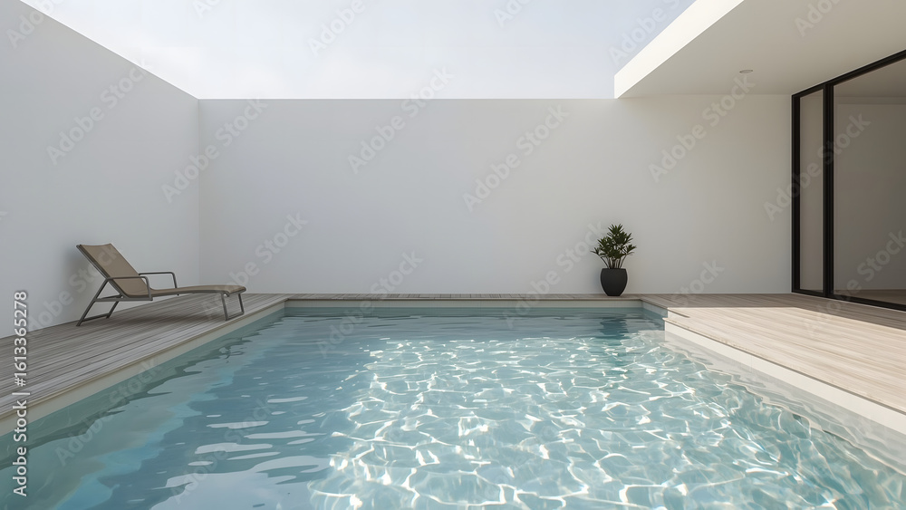 Fototapeta premium Modern minimalist swimming pool with clear water, surrounded by white walls and a wooden deck, with a lounge chair.