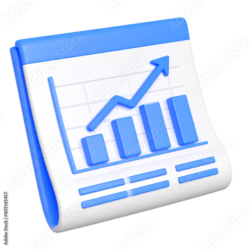 3D illustration, blue and white bar chart with upward arrow, financial growth, business success, data analysis, and positive trend concept