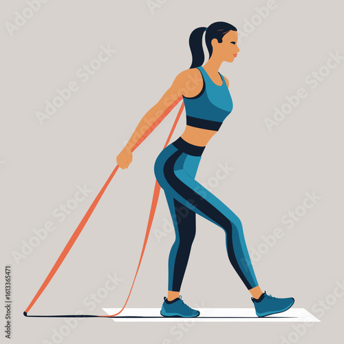 Athletic woman exercising with resistance band in activewear  