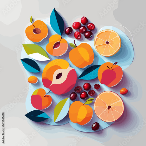 Colorful flatlay of assorted fruits with leaves on a light background  