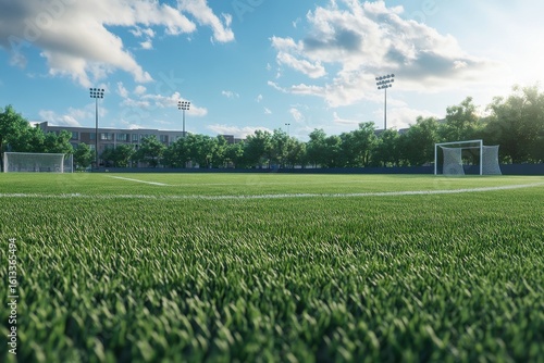 A vibrant soccer field under a clear blue sky, showcasing lush green grass and goalposts in the background.
