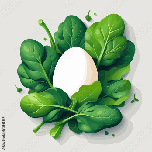 Fresh spinach leaves with white egg on neutral background  