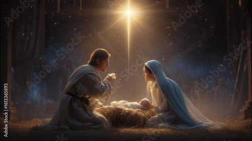 Joseph kneeling mary and and admiring newborn jesus christmas lying in a manger, with light shining down on them video, nativity scene 4k