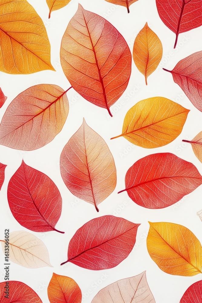 Fototapeta premium Scattered translucent orange and yellow leaves create a warm, overlapping autumn pattern with vibrant seasonal energy.