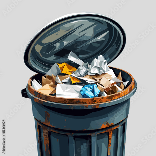 Trash can filled with crumpled paper and waste on grey background  