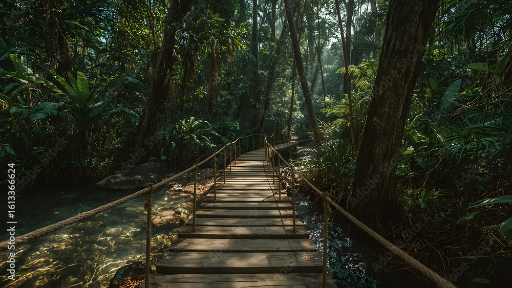 Obraz premium Wooden footbridge leading into a lush, green, tropical forest.