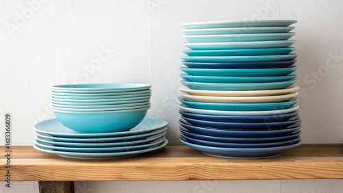 Vibrant stacked blue and teal ceramic bowls and plates on a wooden shelf
