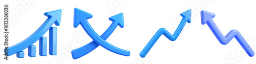Upward arrow growth chart crossing arrows zigzag arrow and downward arrow represent business trend financial data and market analysis in modern blue 3D style