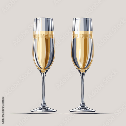 Two champagne flutes filled with sparkling wine on neutral background  