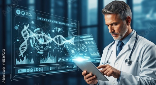 Sophisticated doctor analyzes DNA data on futuristic holographic display, advancing medical technology and patient care.