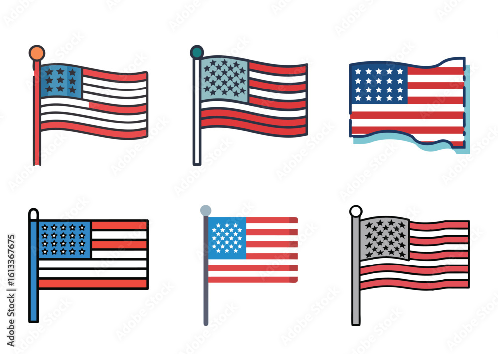 Obraz premium Collection of six stylized American flag illustrations for patriotic themes