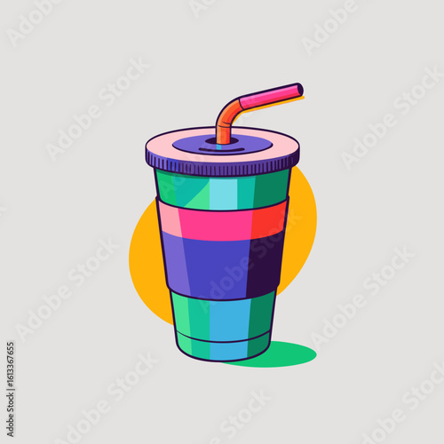 Colorful beverage cup with straw on abstract background  