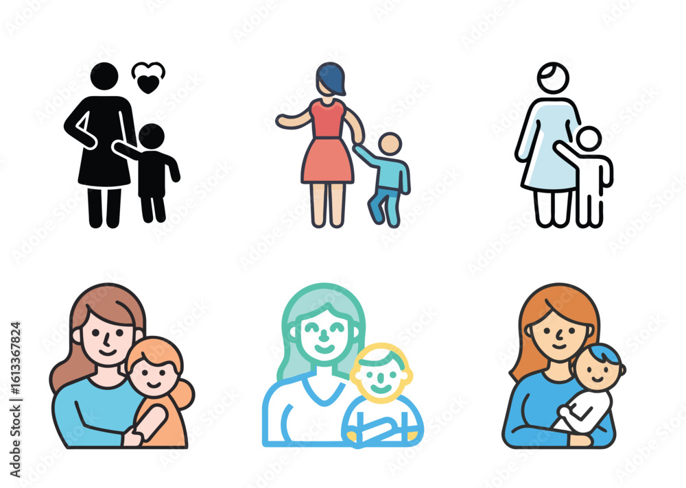 Naklejka premium Diverse Mothers with Children Icon Set Expressing Love and Care, in different styles