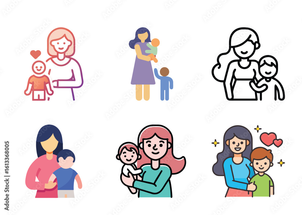 Illustrations representing the bond of motherhood and the joy of raising children Illustrations representing the bond of motherhood and the joy of raising children