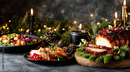 Dining table with Christmas dinner and a dish of roast pork, decorated with a garland on a black background.