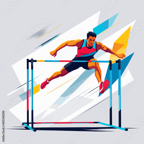 Male athlete jumping over hurdle in colorful abstract style  
