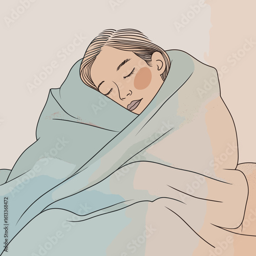 Young woman sleeping peacefully while wrapped in a cozy blanket  