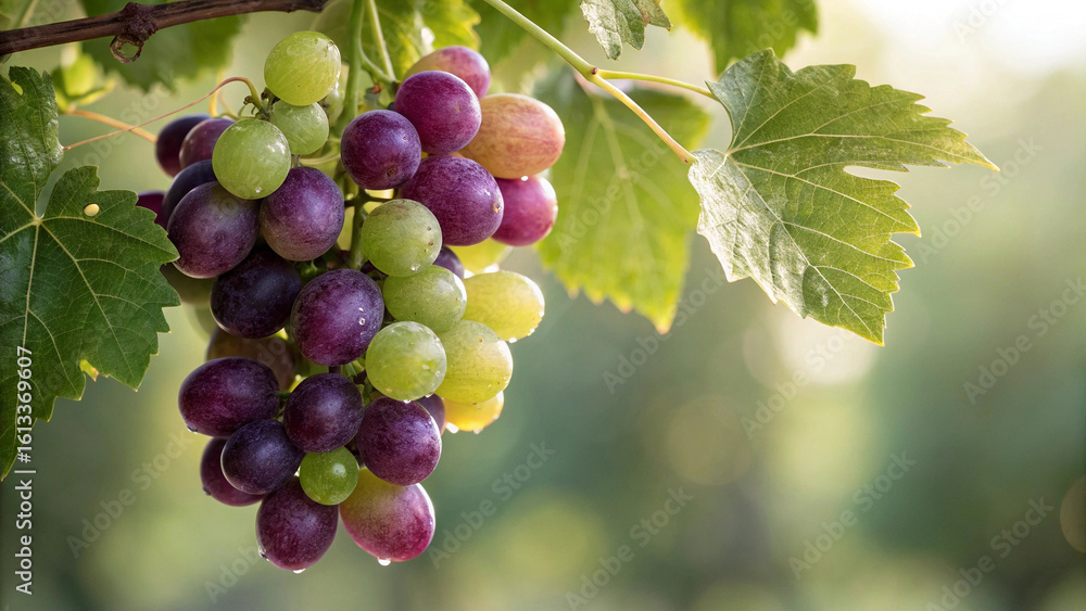 Cluster of purple and green grapes with leaves, soft background. Cluster of purple and green grapes with leaves, soft background.