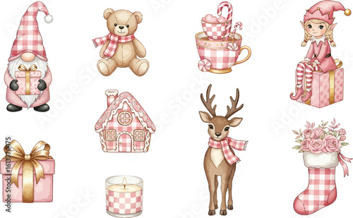 Cute pink christmas watercolor clip art set festive holiday season graphics elements 90