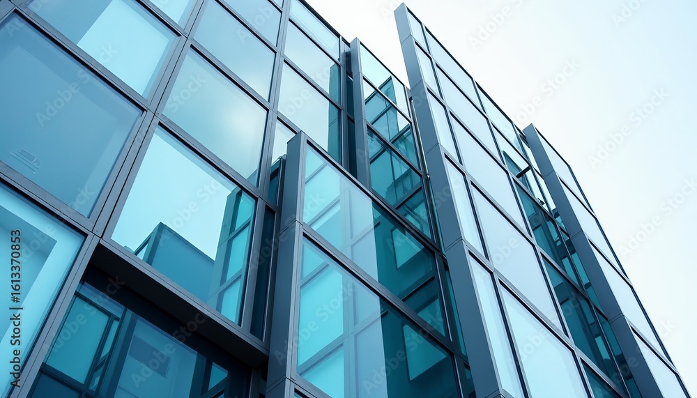 Obraz premium Architectural Mosaic Modern Building Facade with a Dynamic Arrangement of Blue and Silver Rectangular Panels Under a Bright Sky