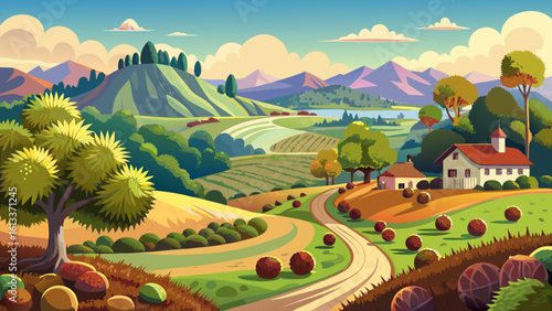 Stunning rural scenery featuring chestnut groves, farmland, and scenic dirt paths for hiking stretches beneath a golden sky. Semi-realistic vector art captures every leaf, trail, and peaceful moment.
