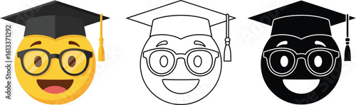 Graduation emoji clip art vector design with mortarboard hat and glasses illustration