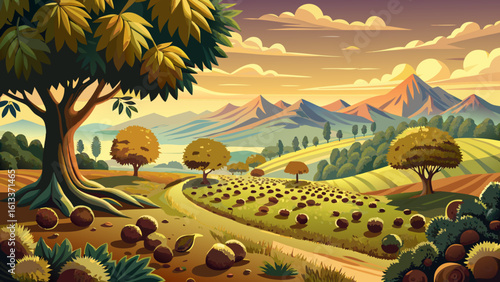 Stunning rural scenery featuring chestnut groves, farmland, and scenic dirt paths for hiking stretches beneath a golden sky. Semi-realistic vector art captures every leaf, trail, and peaceful moment.