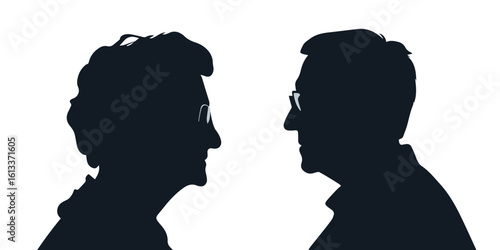 Silhouettes of an older man and woman in profile wearing glasses. A man and a woman with glasses, silhouette