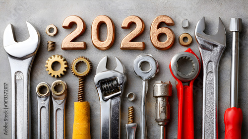 Collection of various metallic tools arranged artistically on a textured surface, featuring wooden numbers representing the year 2026, symbolizing craftsmanship and innovation. Selective focus