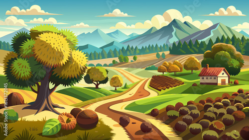 Stunning rural scenery featuring chestnut groves, farmland, and scenic dirt paths for hiking stretches beneath a golden sky. Semi-realistic vector art captures every leaf, trail, and peaceful moment.