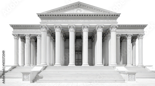 3D bank building with columns and steps, isolated on a Transparent background, PNG file.