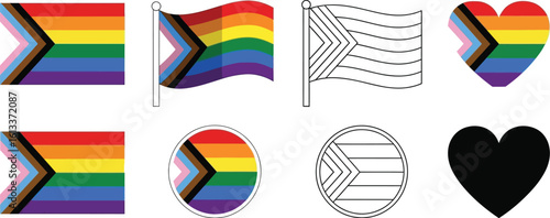Vector pride flags set lgbtq+ inclusion rainbow flag heart circle equality love support 2024
