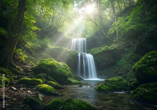 A secluded forest waterfall covered in soft green moss. Surrounded by lush foliage and misty air.