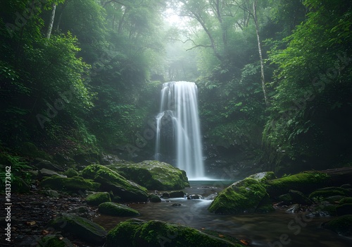 A secluded forest waterfall covered in soft green moss. Surrounded by lush foliage and misty air.