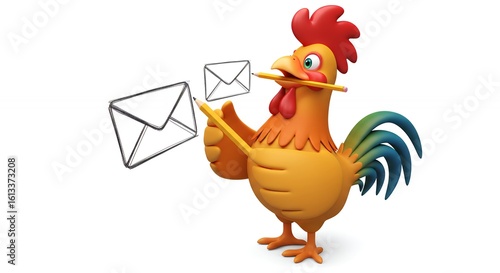 Rooster pointing at emails digital illustration