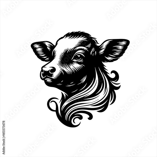 A calfs head in black and white