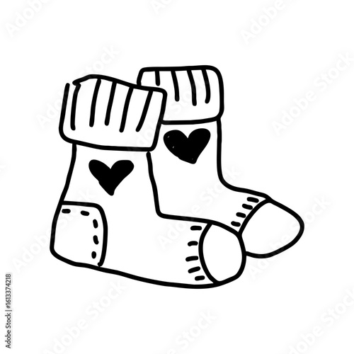Pair of hand drawn cozy socks with heart symbols, black line art in hygge style for winter comfort, self love, warmth and seasonal wellness design on transparent background.
