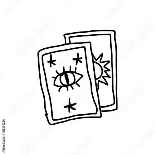 Hand drawn vector of two tarot cards with all-seeing eye and celestial elements in black doodle style. Magical occult aesthetic for witchcore, spiritual content, or dark academia use on transparent