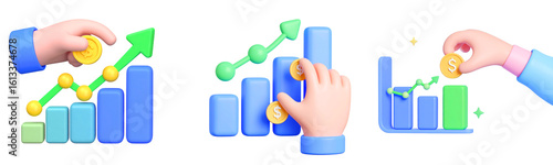 3D illustration hand holding coin bar chart upward arrow financial growth investment profit business success economic progress wealth positive trend blue background