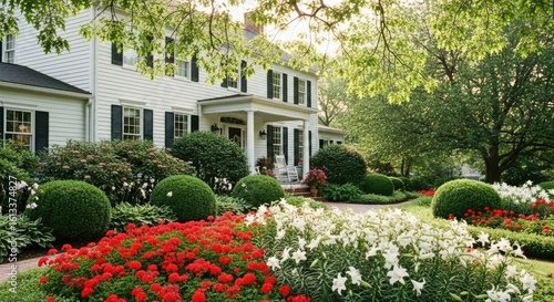 Stunning white colonial home boasts vibrant red and white flower gardens and lush manicured landscaping under a sunny sky