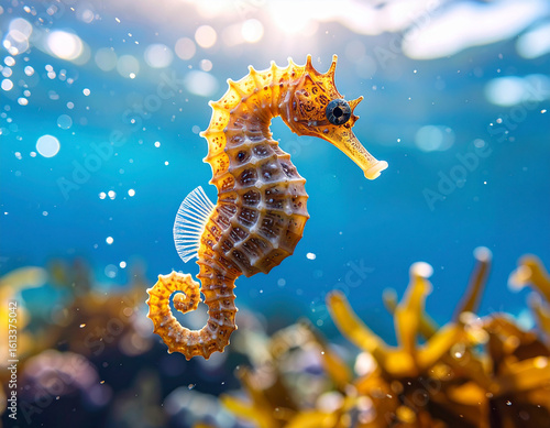 Underwater Seahorse Floating Gracefully in Clear Ocean Water: Marine Life Close-Up Ideal for Wildlife, Nature, and Ocean-Themed Visual Content