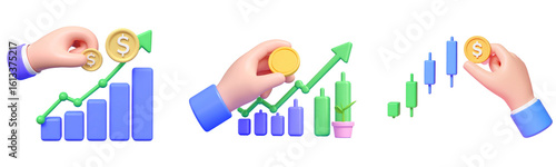 Hand holding coin bar chart green arrow and candlestick chart illustrate financial growth investment and profit in modern colorful 3D style conveying success and optimism