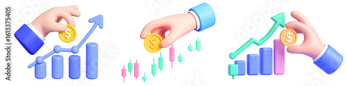Hand holding coin bar chart candlestick chart upward arrow financial growth investment profit business 3D illustration success
