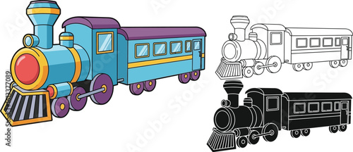 Cartoon train illustration vector graphics for kids drawing book and coloring page design set