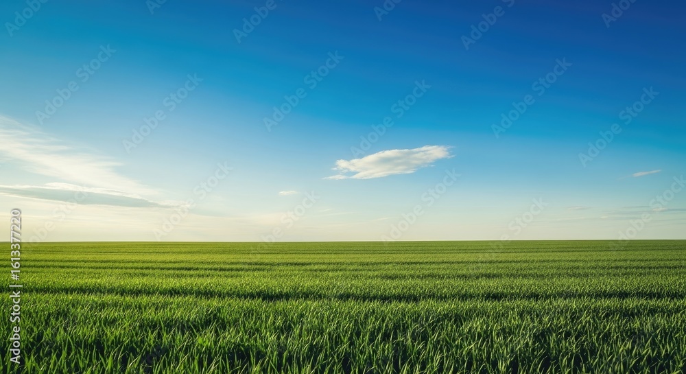 Obraz premium Vast green field stretches under a clear blue sky with wispy clouds, evoking peace and natural beauty.
