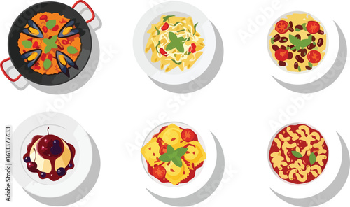 Top View Italian Dishes Icon Set - Pasta Paella Dessert Food Graphics